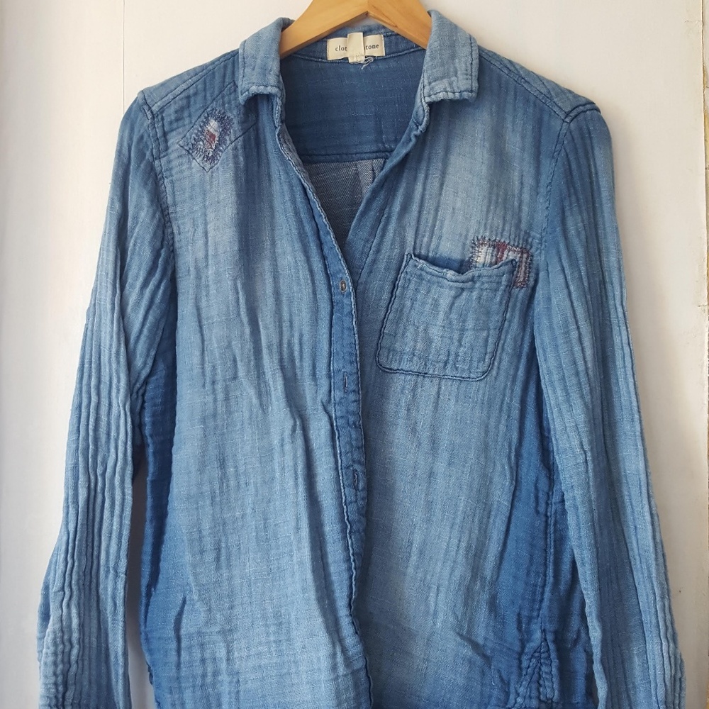 Cloth & Stone Distressed Patch Denim Look Shirt